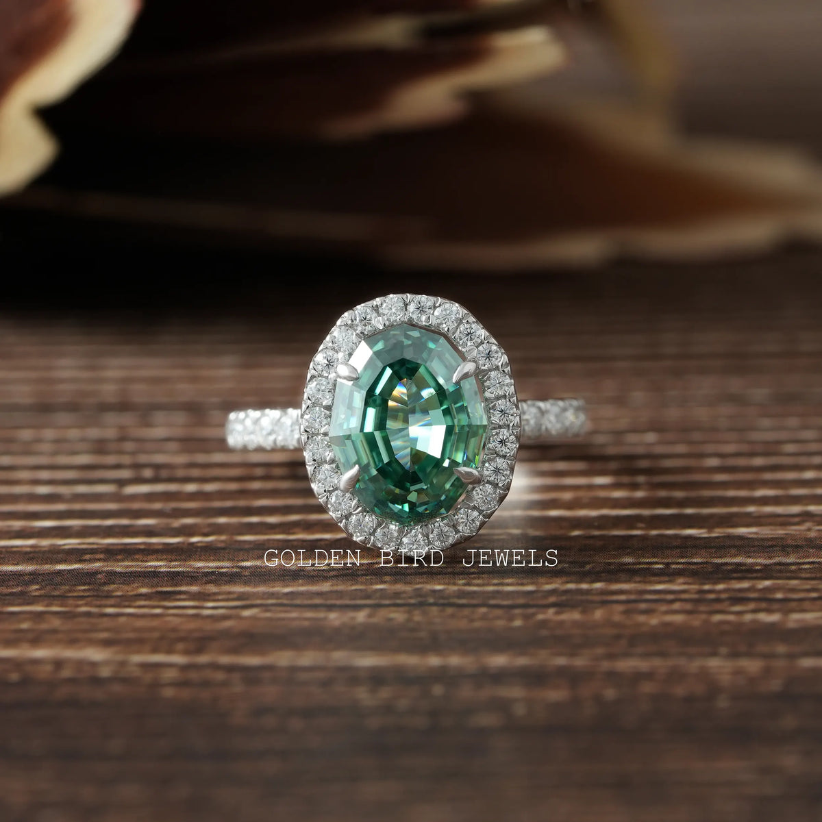 Oval cut  green Moissanite  engagement ring
