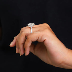 View of Hidden Halo Cushion Cut Moissanite Solitaire Ring In Finger