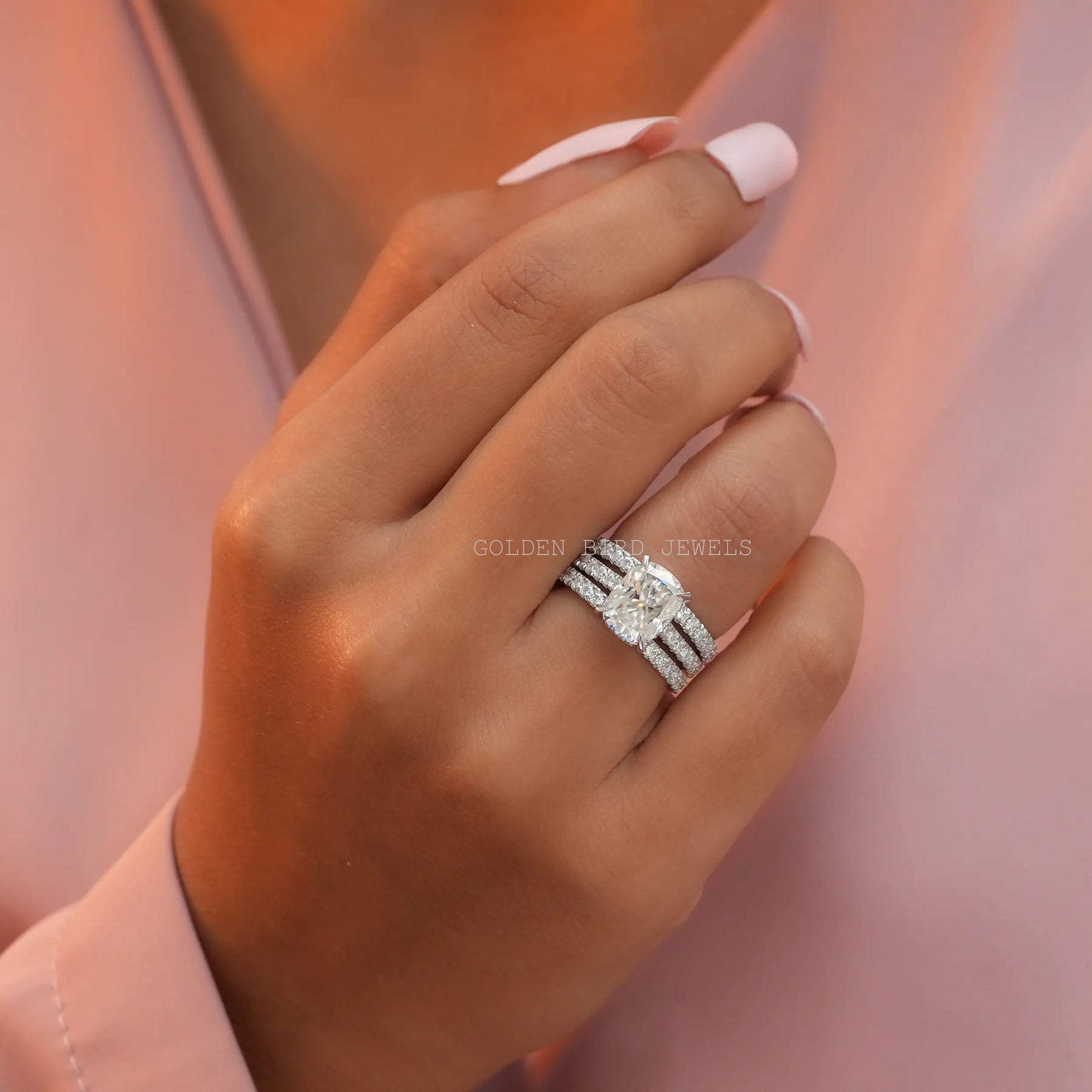 Elongated Cushion Cut Moissanite Bridal Ring Set Made In 18k White Gold