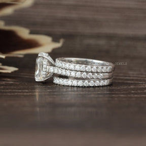 View of Cushion Cut Hidden Halo Moissanite Bridal Ring Set In White Gold