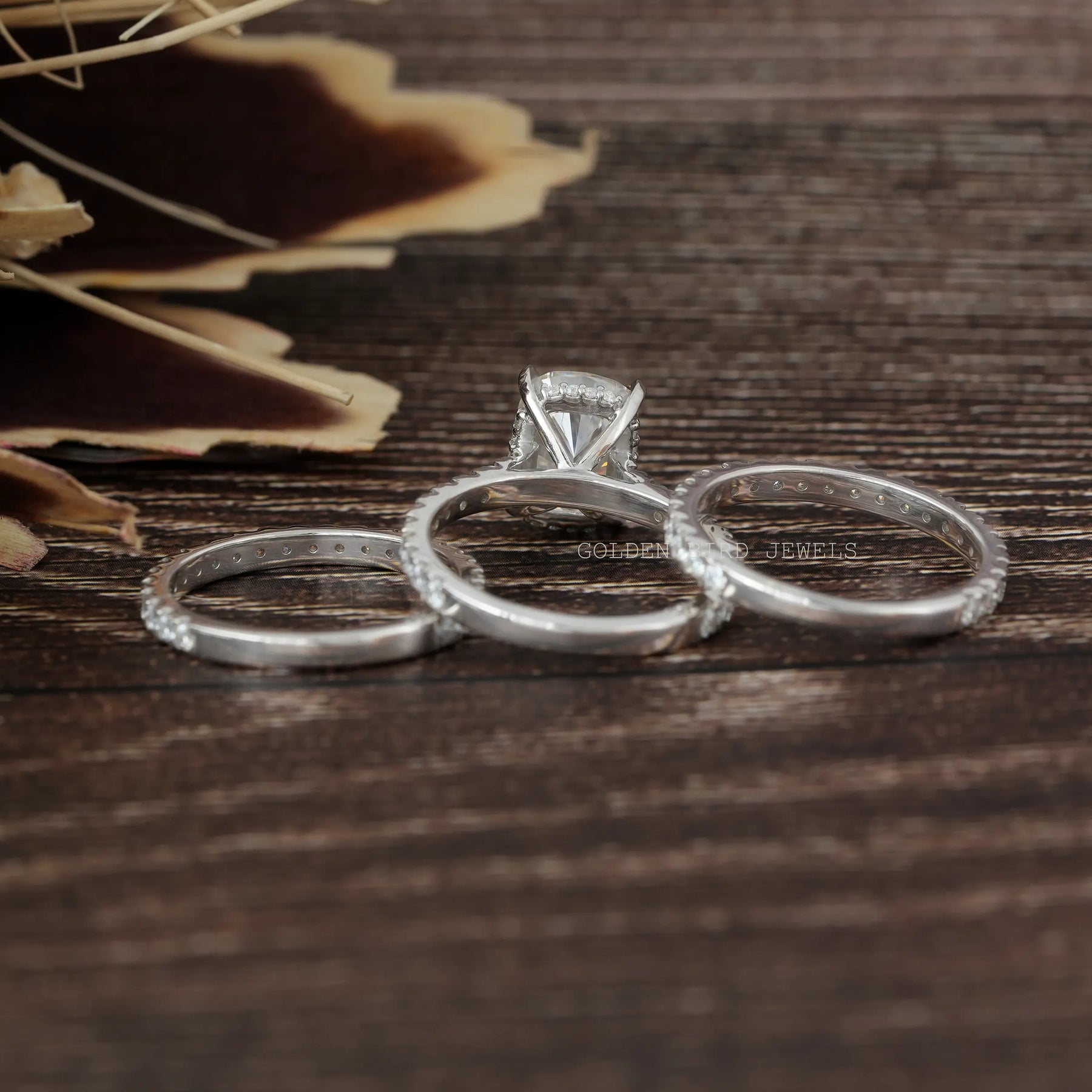 Detailed View of Cushion Cut Moissanite Bridal Ring Set In White Gold