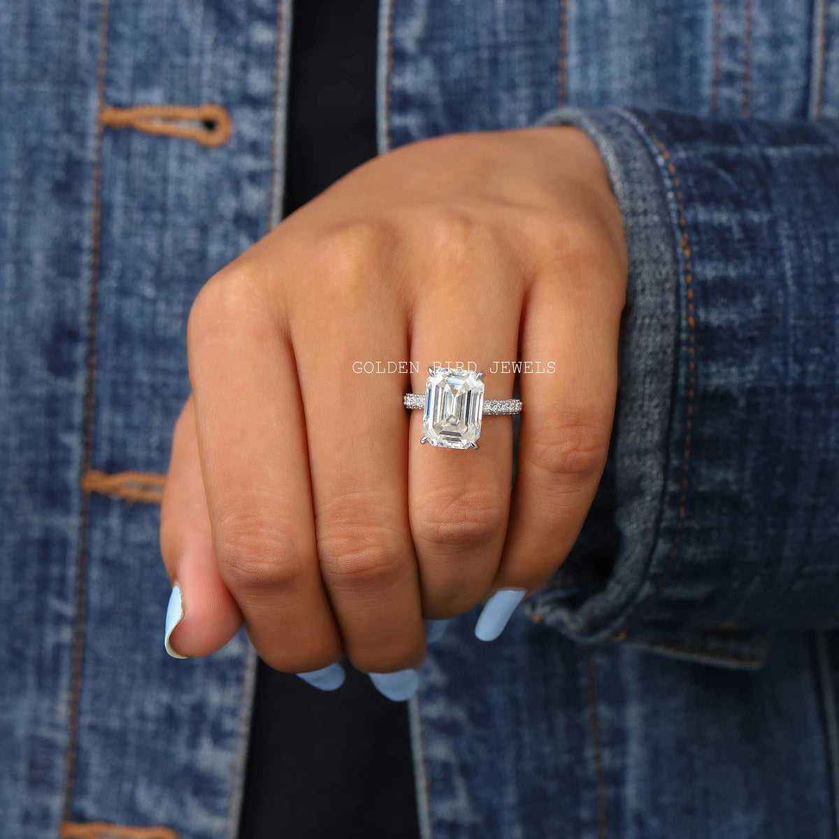 Emerald Cut Moissanite Solitaire Ring In White Gold