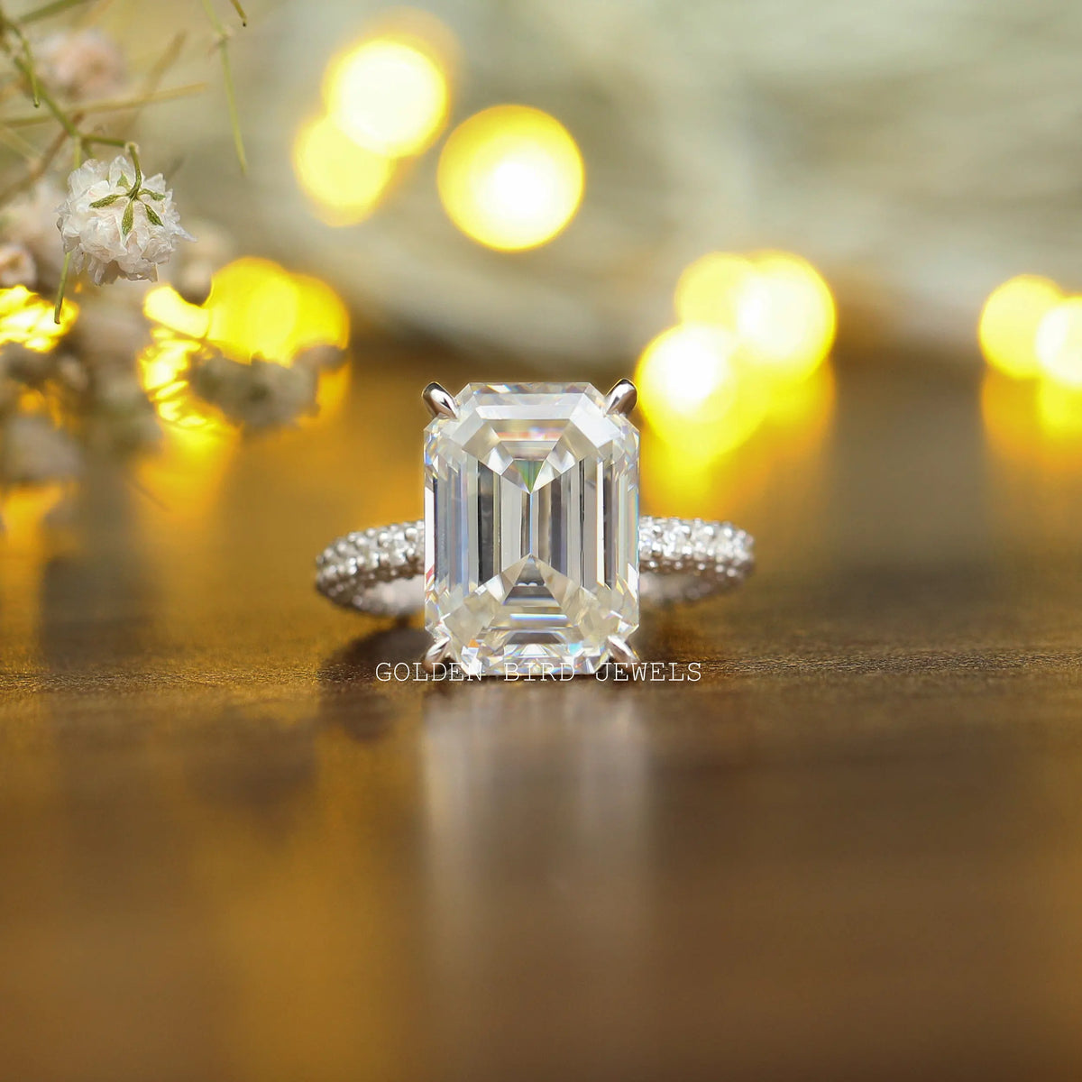View of Emerald Cut Moissanite Engagement  Ring In White Gold
