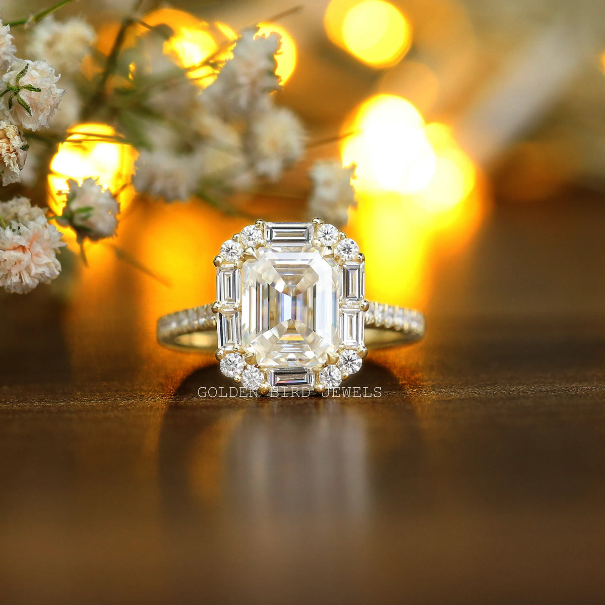 Emerald And Baguette Moissanite Halo Engagement Ring In Yellow Gold