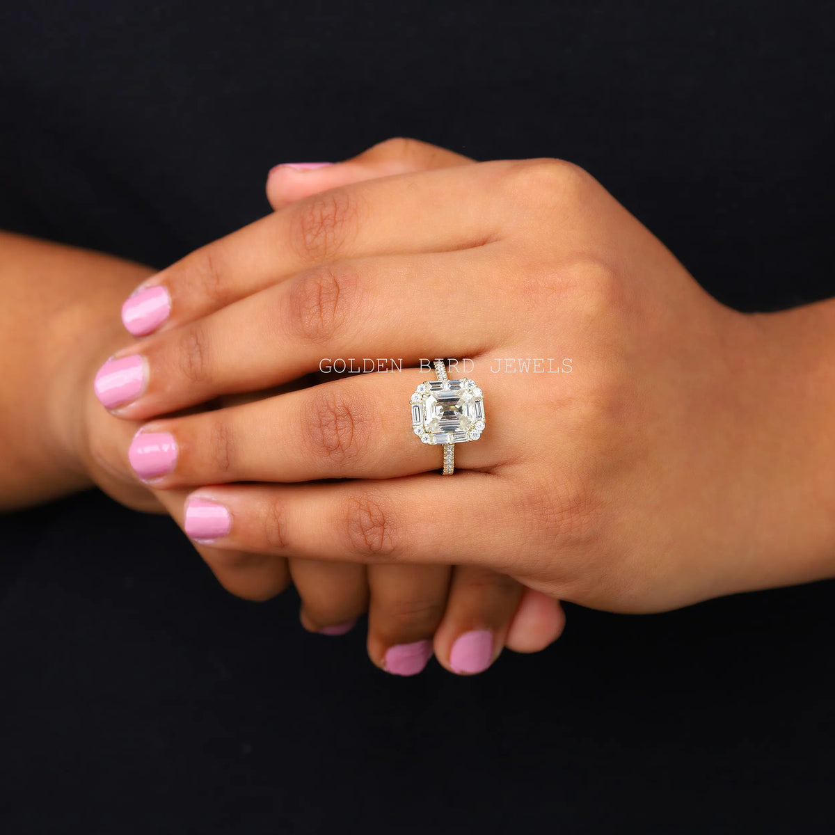 View of Emerald Cut Moissanite Halo Ring In White Gold
