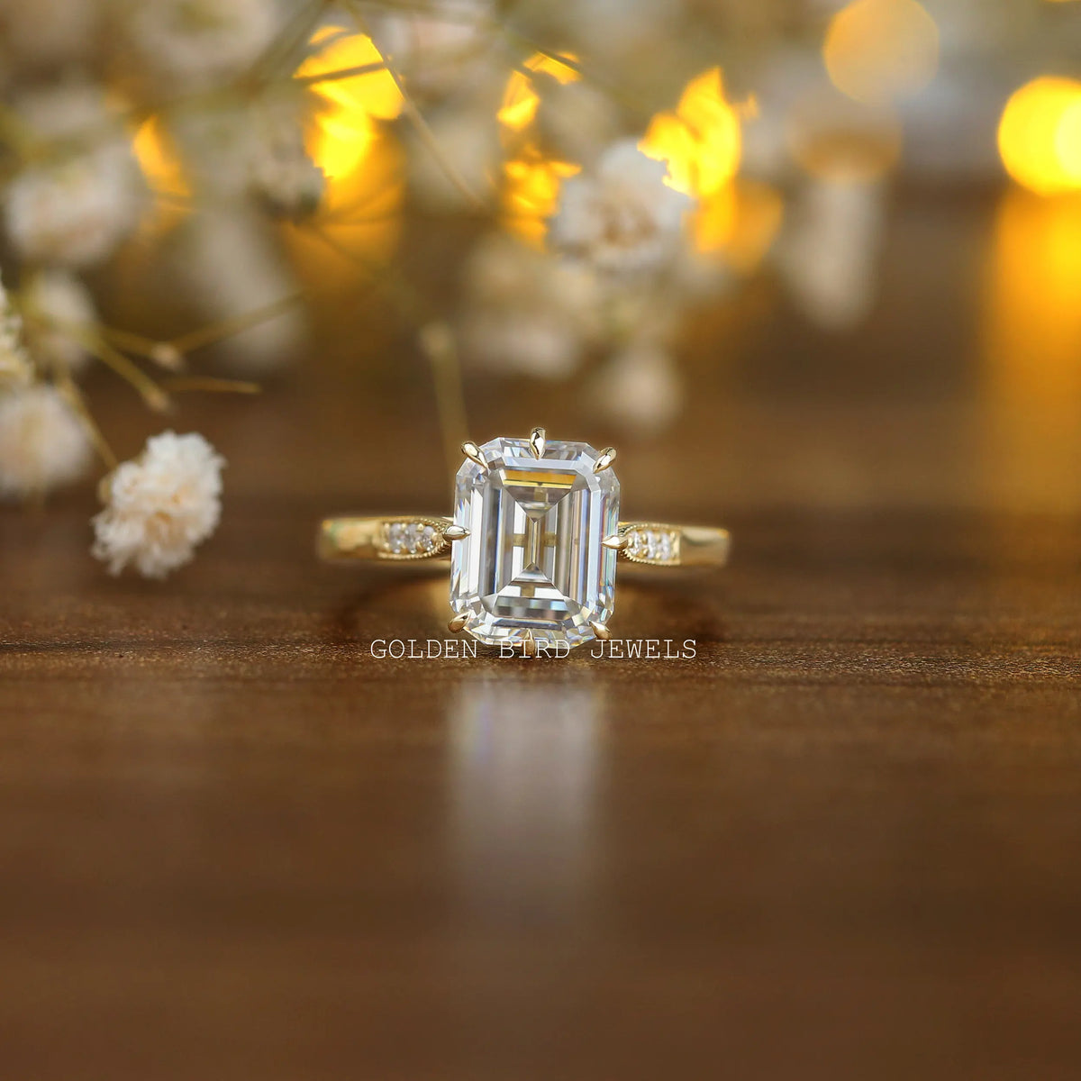 3.40 Carat Colorless Emerald And Round Cut Moissanite Hidden Halo Engagement Ring 
