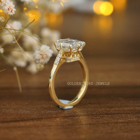 Close view of Emerald Cut Moissanite Vintage Hidden Halo Engagement ring 