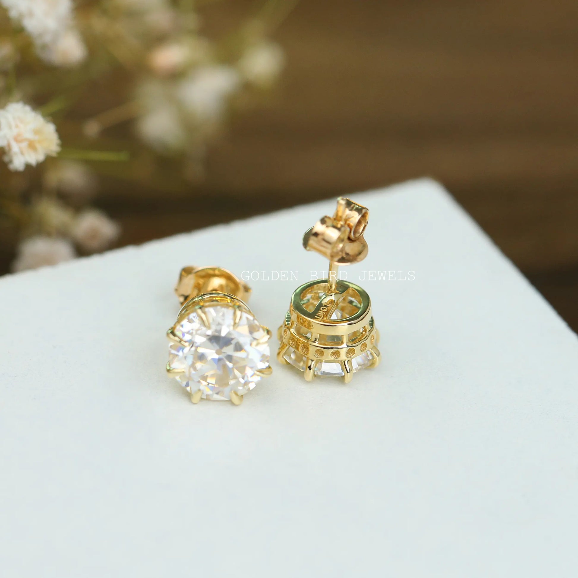 Old European Round Cut Moissanite Stud Earrings With Push Back