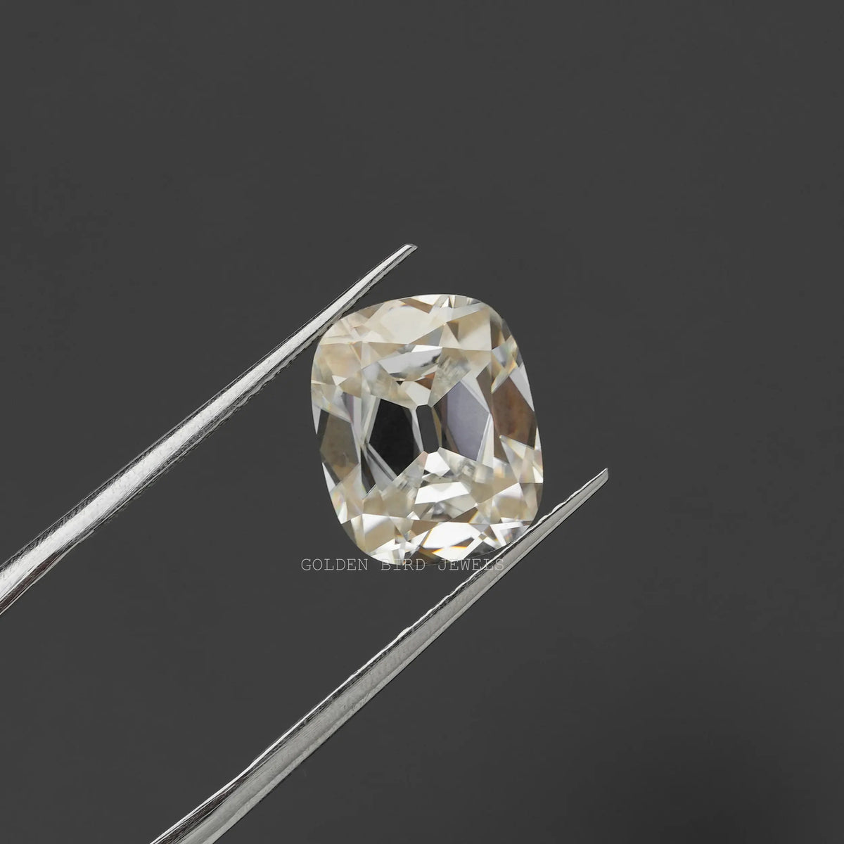 In Tweezer View Of Old Mine Cushion Cut Moissanite 

