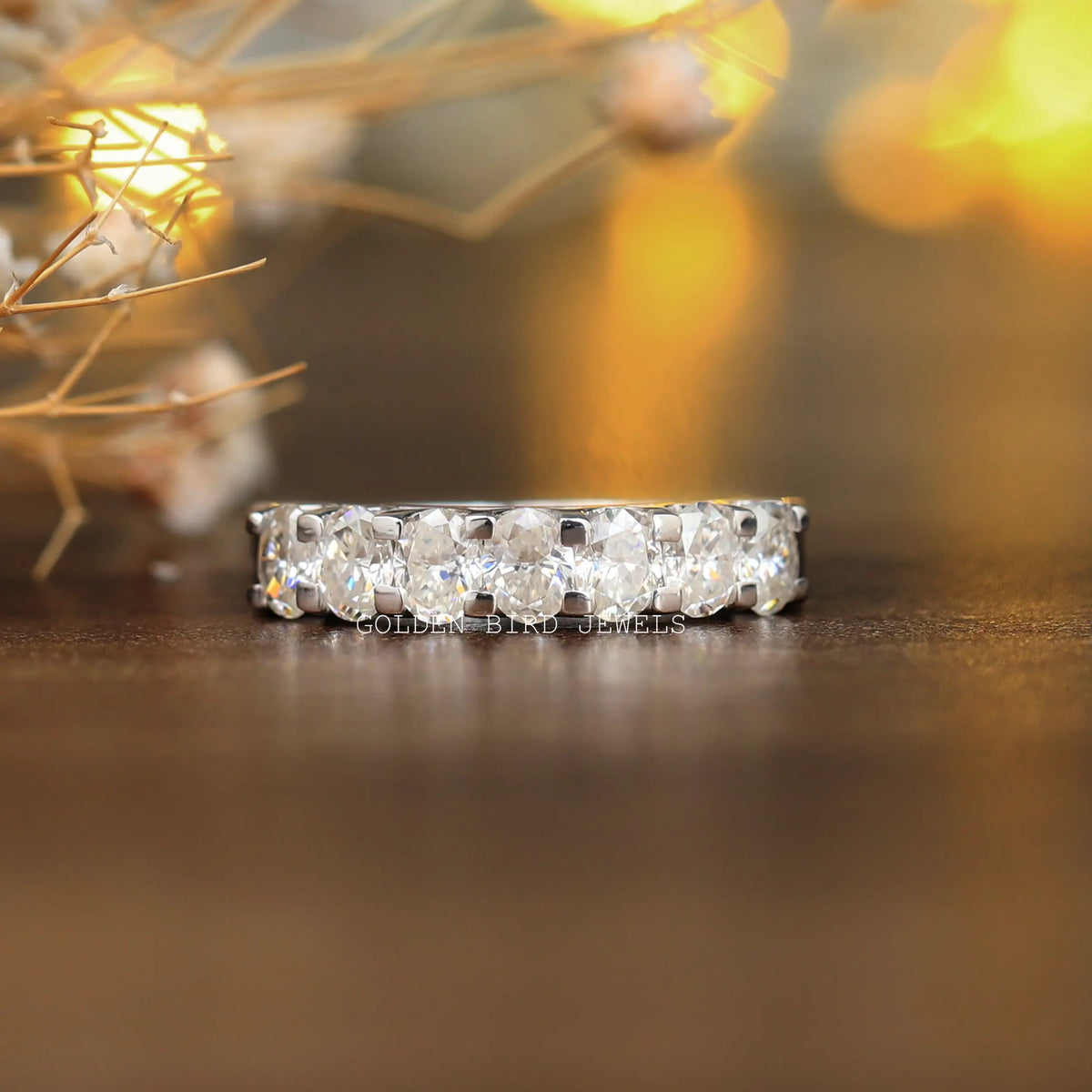 [1.60 CTW Oval Cut Moissanite 7 Stone Wedding Band]-[Golden Bird Jewels]
