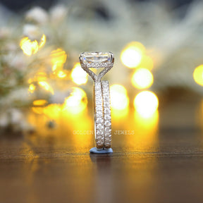 Side View Of Radiant Moissanite Hidden Halo Engagement Ring Set