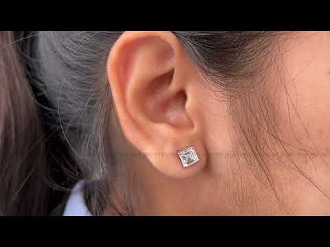 Youtube video of asschrer cut moissanite gold stud earrings 